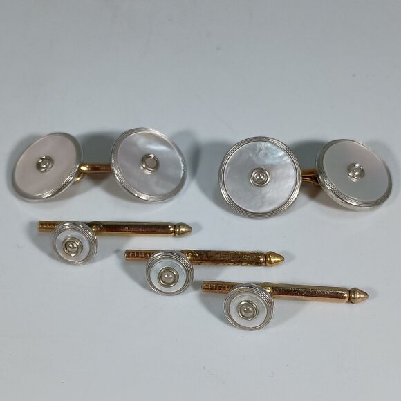 Vintage Hickok Silver-Goldtone Mother of Pearl Cufflinks & Tuxedo Shirt Buttons - Picture 1 of 6